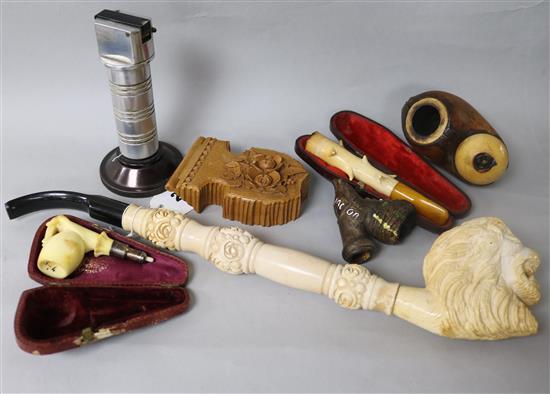 Three Meerschaum pipes / cheroot holders and sundries